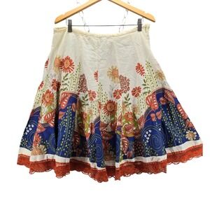 Y2K Millenium XL Peasant Boho Floral Print Cotton Skirt Orange Blue White Lace